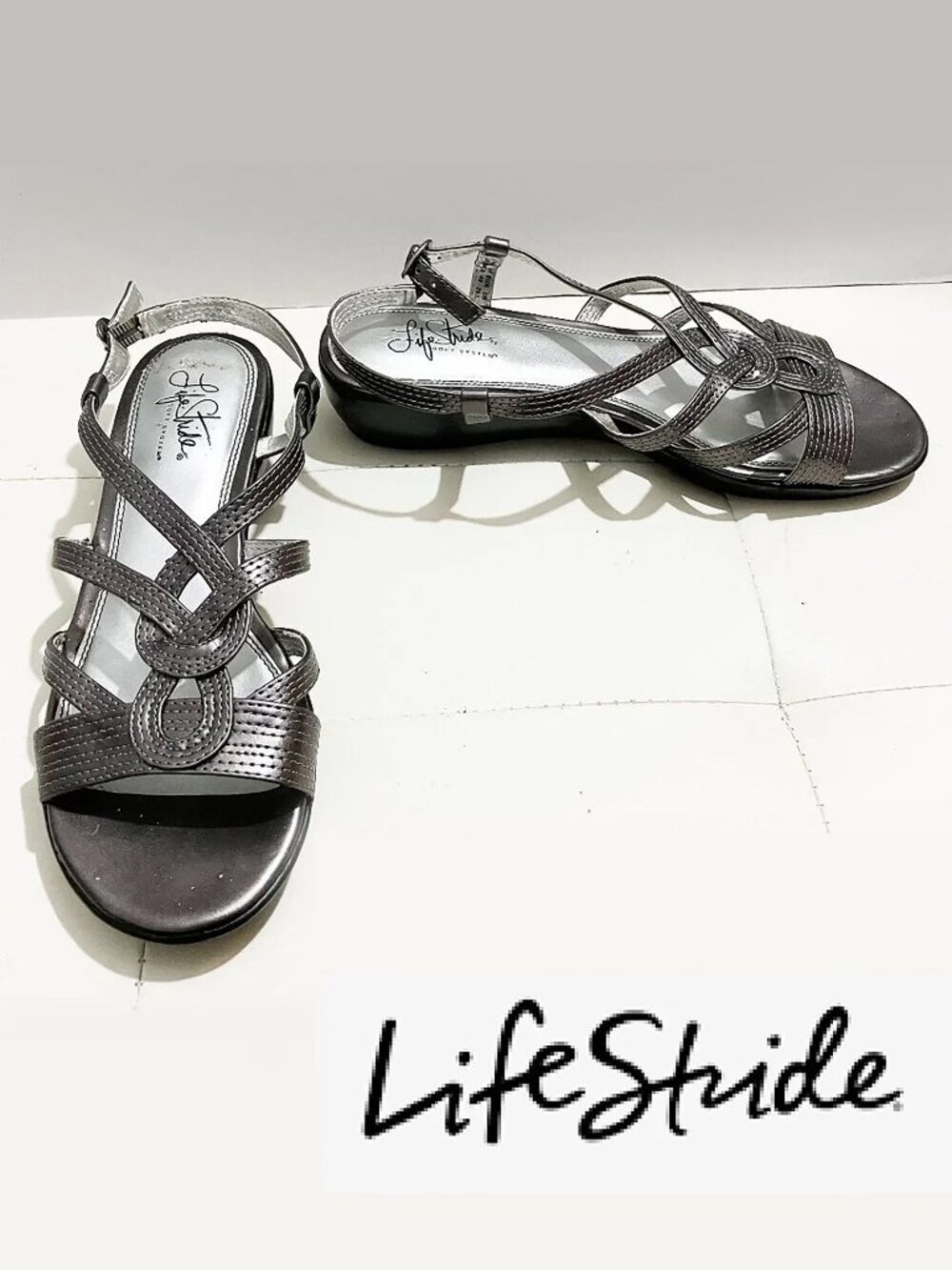Life Stride Soft System Pewter/Grey Sandals Shoes | Low Wedge Heel | Size 8.5M